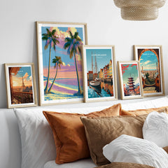 Naples Florida Sunset Travel Poster — set five framed artprints above bed natural wood frames