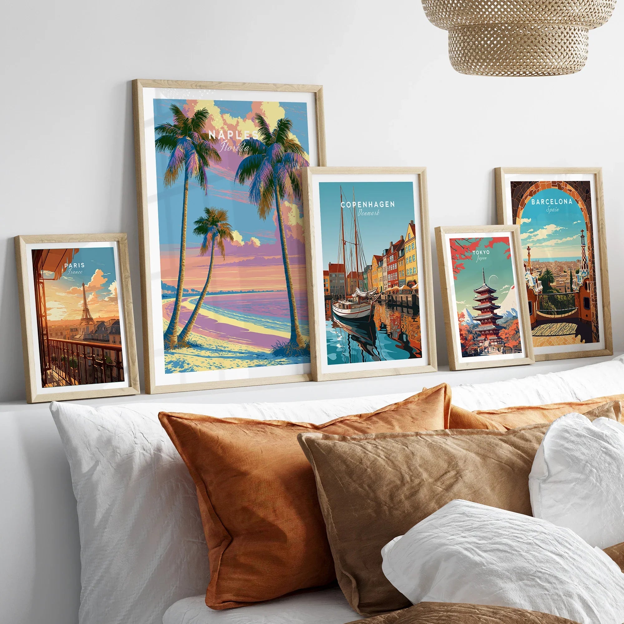 Naples Florida Sunset Travel Poster — set five framed artprints above bed natural wood frames