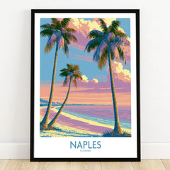 Naples Florida Sunset Palms Wall Art — art print in black frame on wooden floor