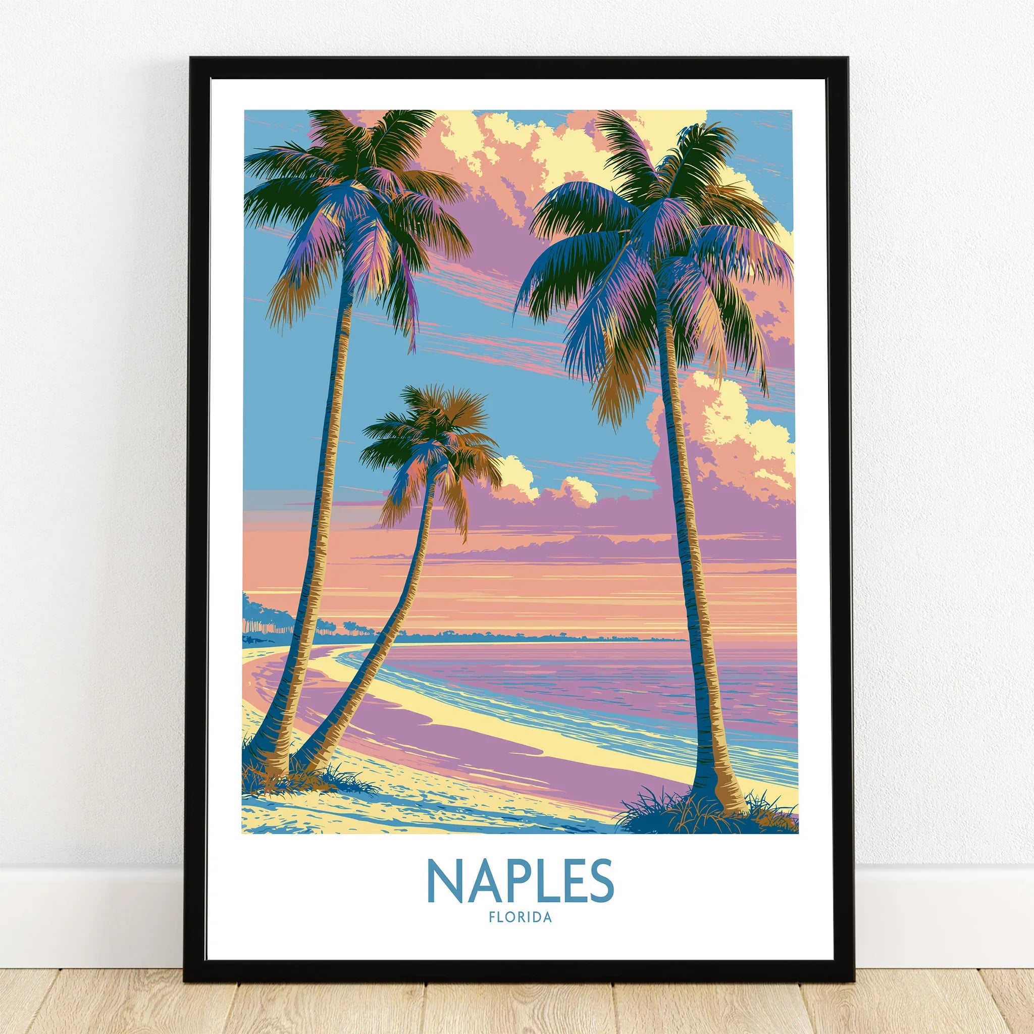 Naples Florida Sunset Palms Wall Art — art print in black frame on wooden floor
