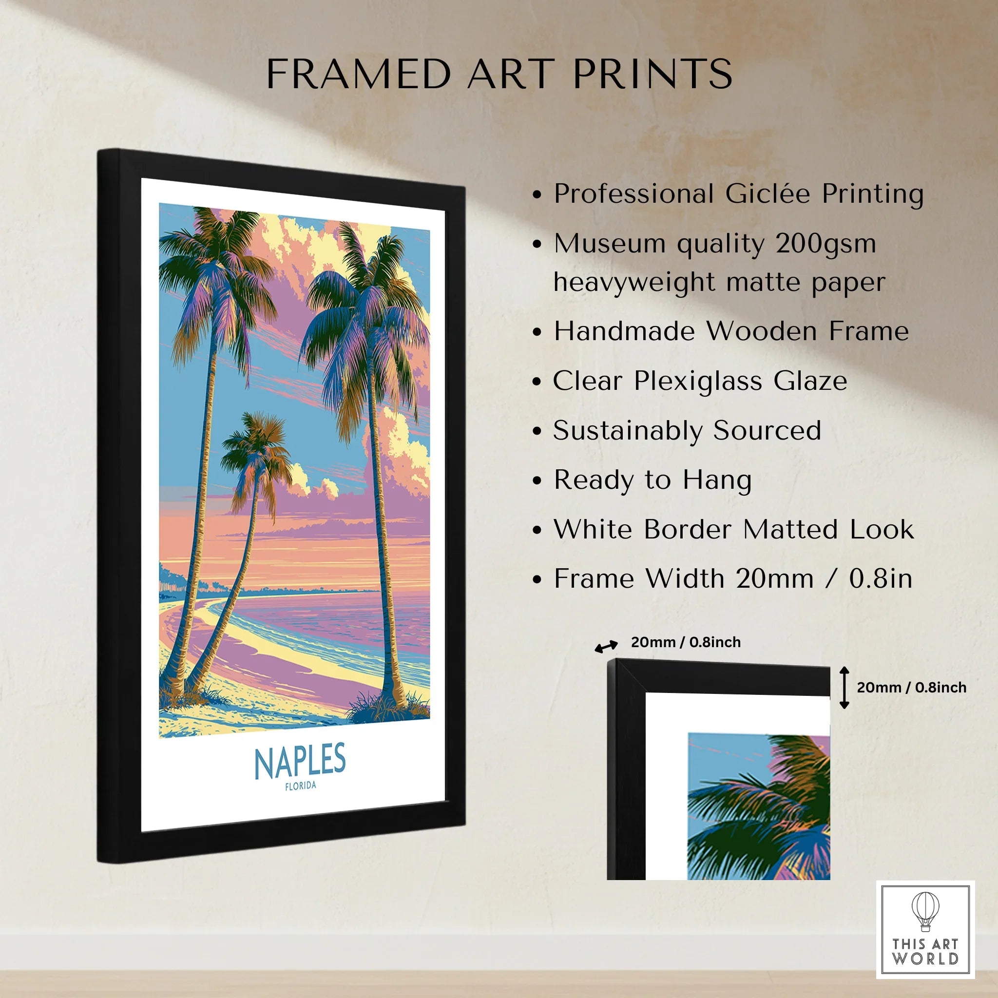Naples Florida Sunset Palms Wall Art — framed print details measurements quality details