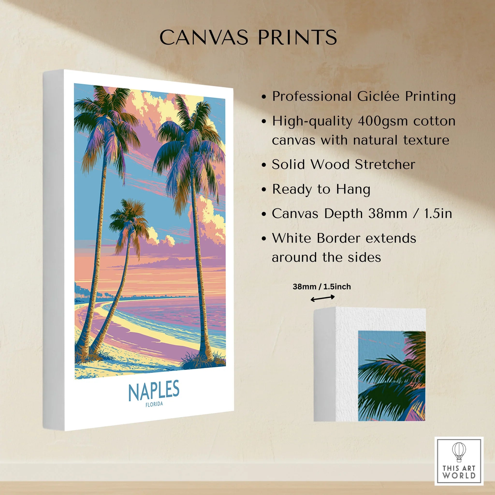 Naples Florida Sunset Palms Wall Art — canvas print stretched cotton canvas details