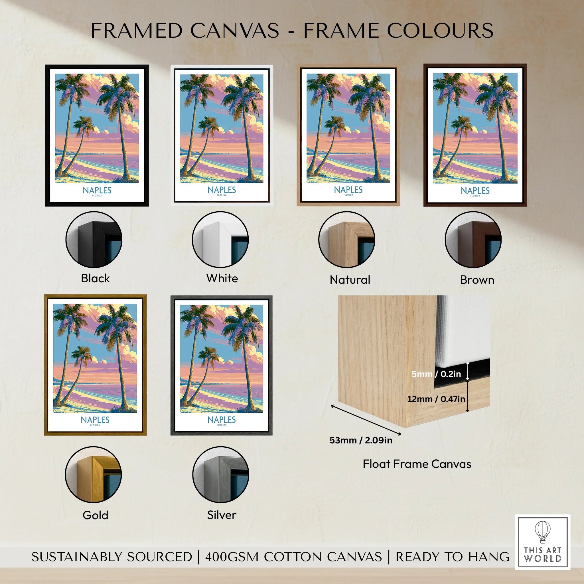 Naples Florida Sunset Palms Wall Art — framed canvas float frame colour options