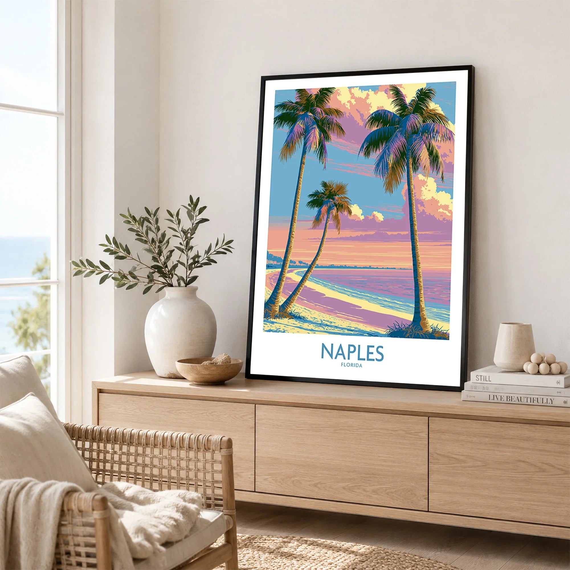 Naples Florida Sunset Palms Wall Art — framed artwork living room lifestyle setting