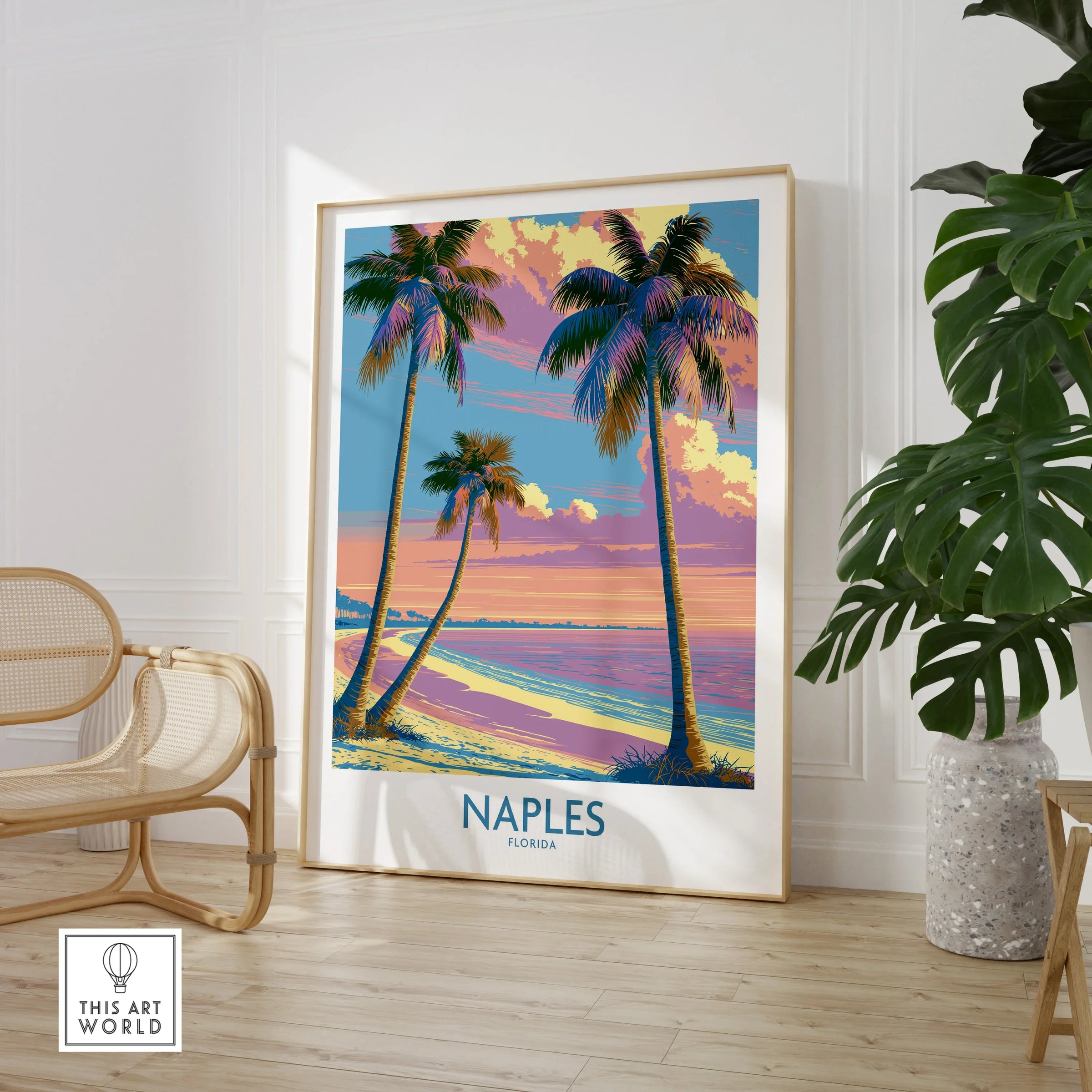 Naples Florida Sunset Palms Wall Art — large framed print room setting chair plant