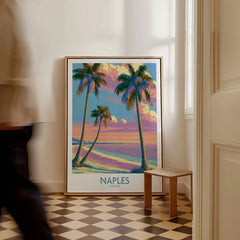 Naples Florida Sunset Palms Wall Art — framed canvas on floor man walking past