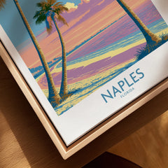 Naples Florida Sunset Palms Wall Art — closeup framed canvas natural wood floating frame