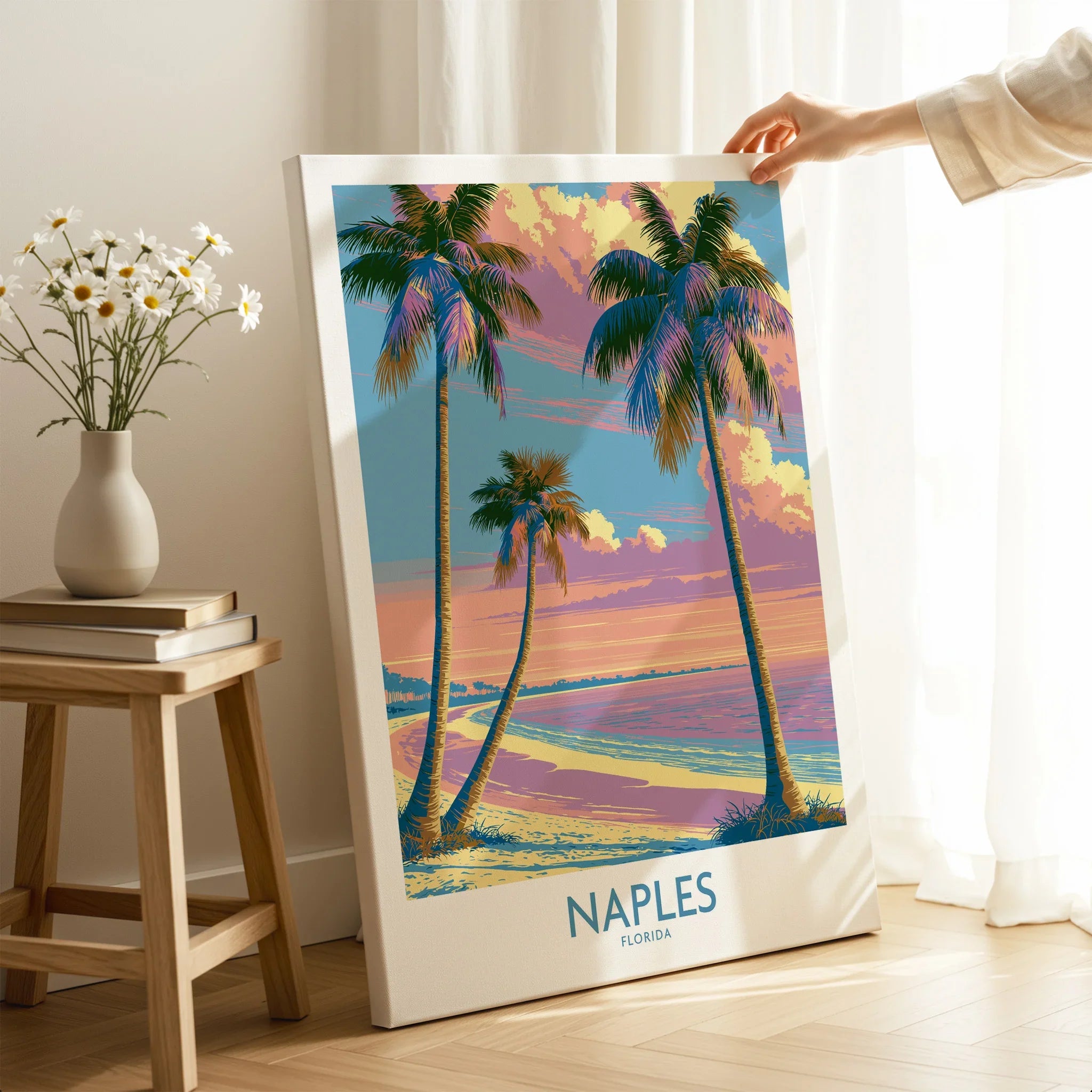 Naples Florida Sunset Palms Wall Art — canvas print mirror edge hand holding room setting