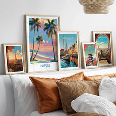 Naples Florida Sunset Palms Wall Art — set five framed artprints above bed natural wood frames
