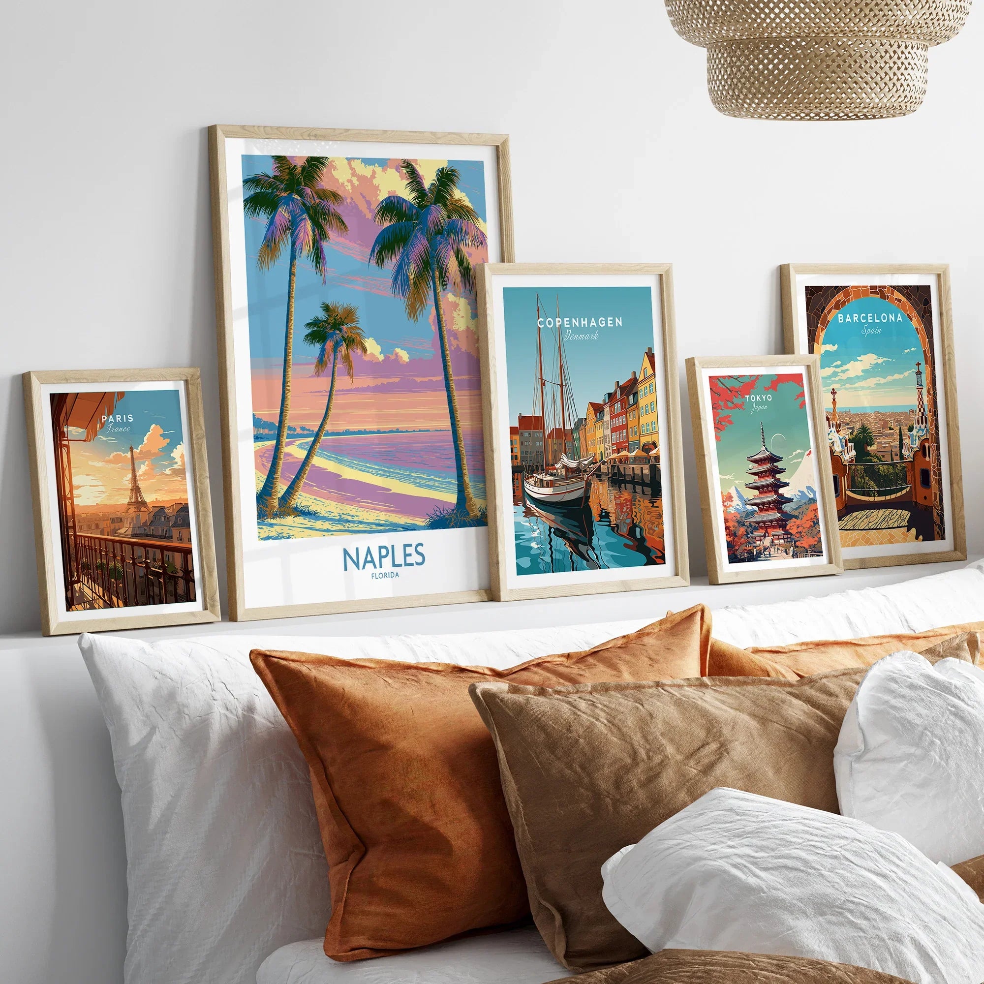 Naples Florida Sunset Palms Wall Art — set five framed artprints above bed natural wood frames
