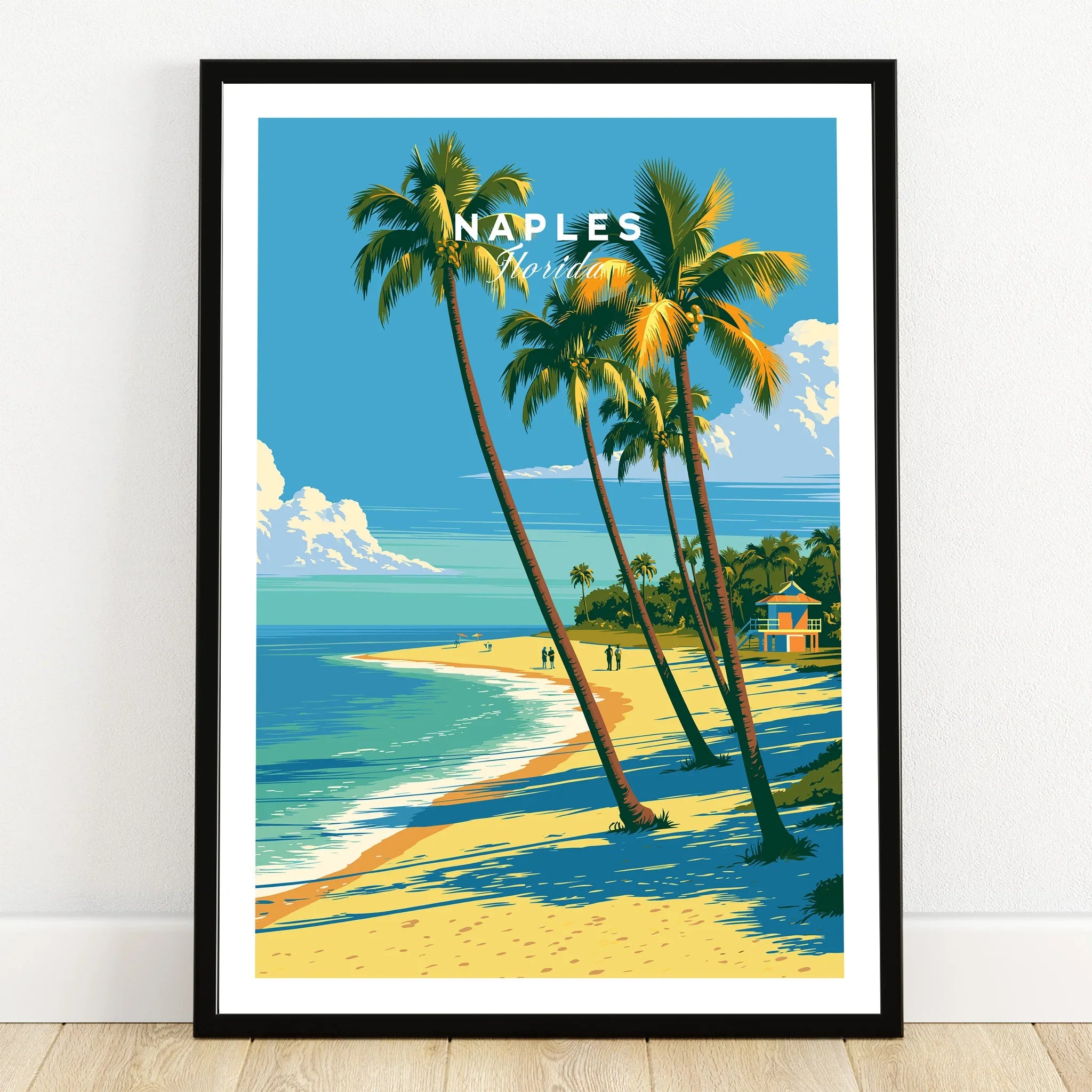 Naples Florida Palm Beach Travel Poster — art print in black frame on wooden floor