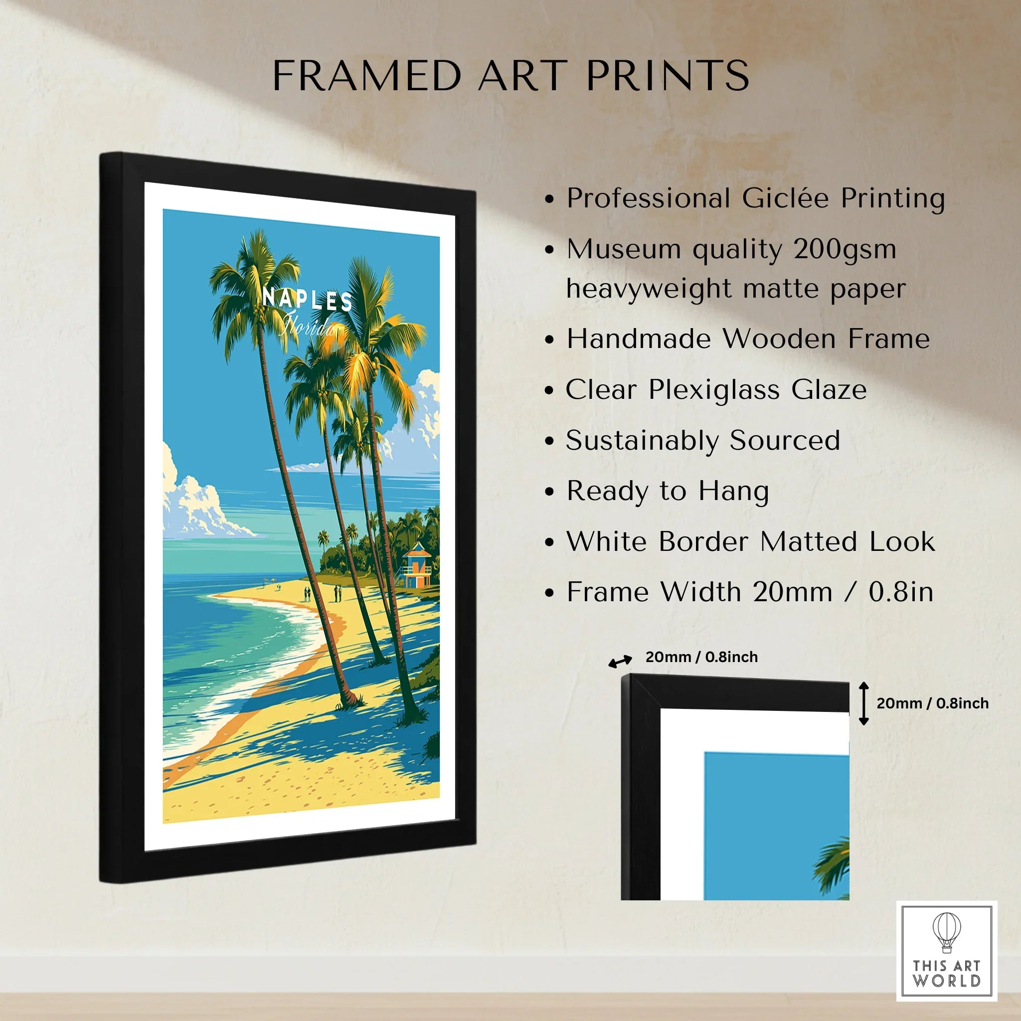 Naples Florida Palm Beach Travel Poster — framed print details measurements quality details