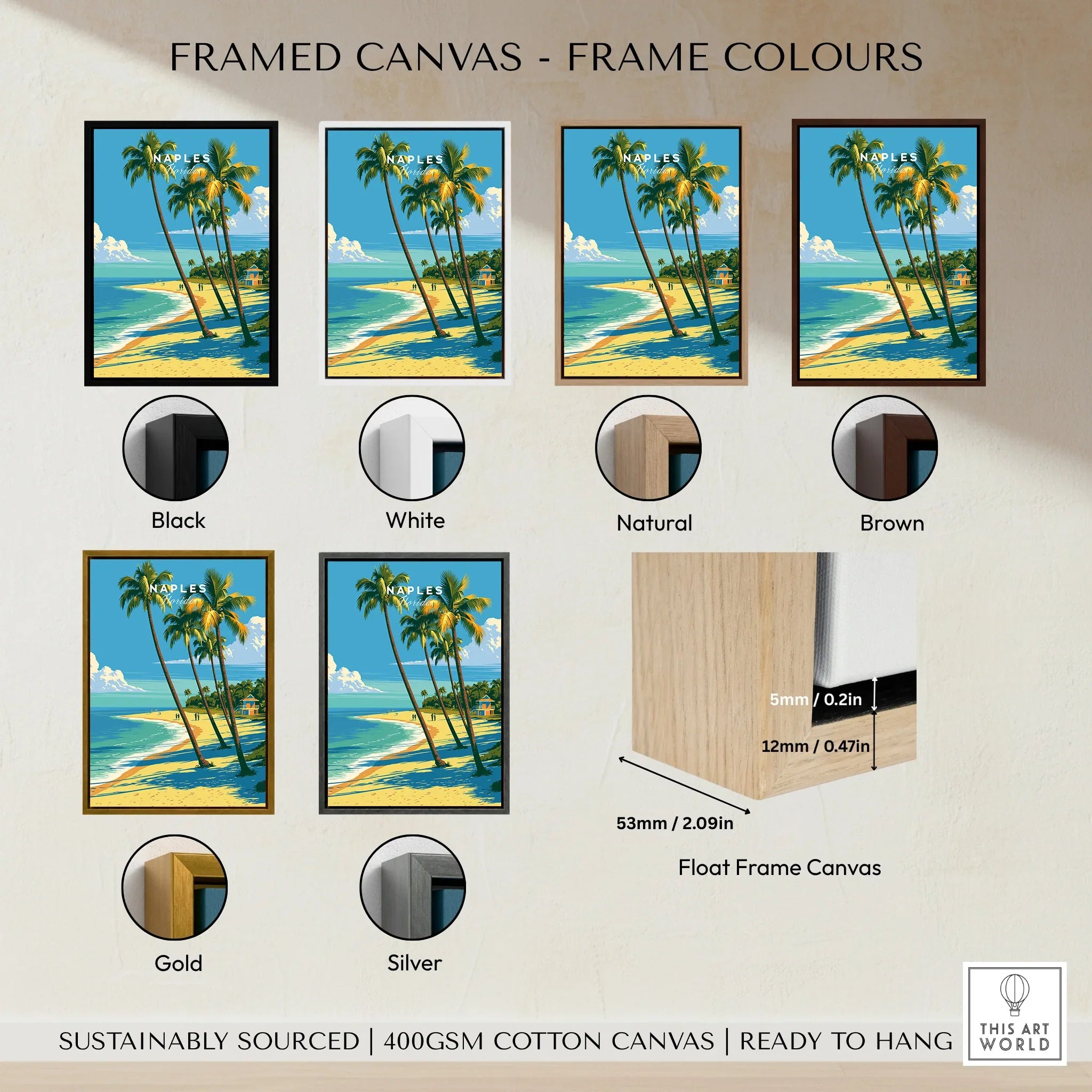 Naples Florida Palm Beach Travel Poster — framed canvas float frame colour options