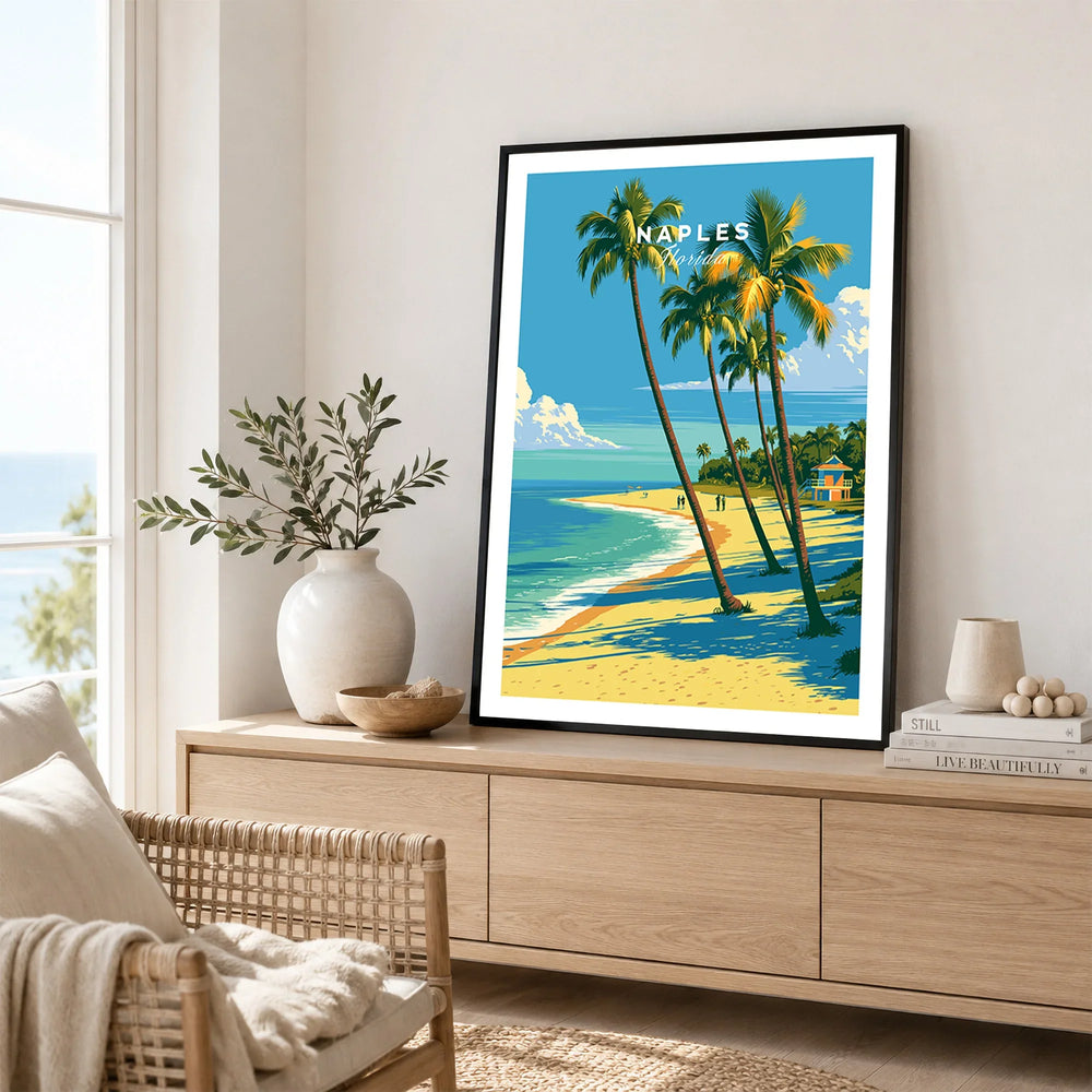 Naples Florida Palm Beach Travel Poster — framed artwork living room lifestyle setting