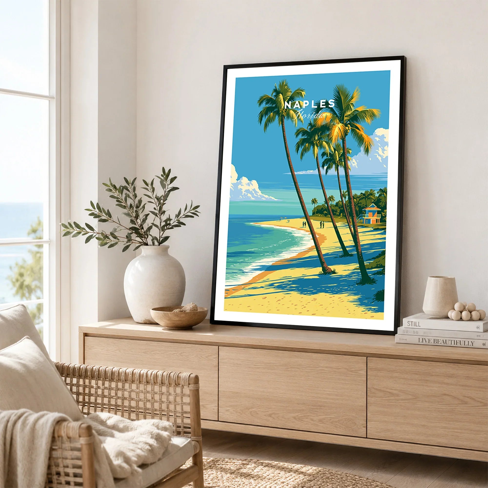 Naples Florida Palm Beach Travel Poster — framed artwork living room lifestyle setting