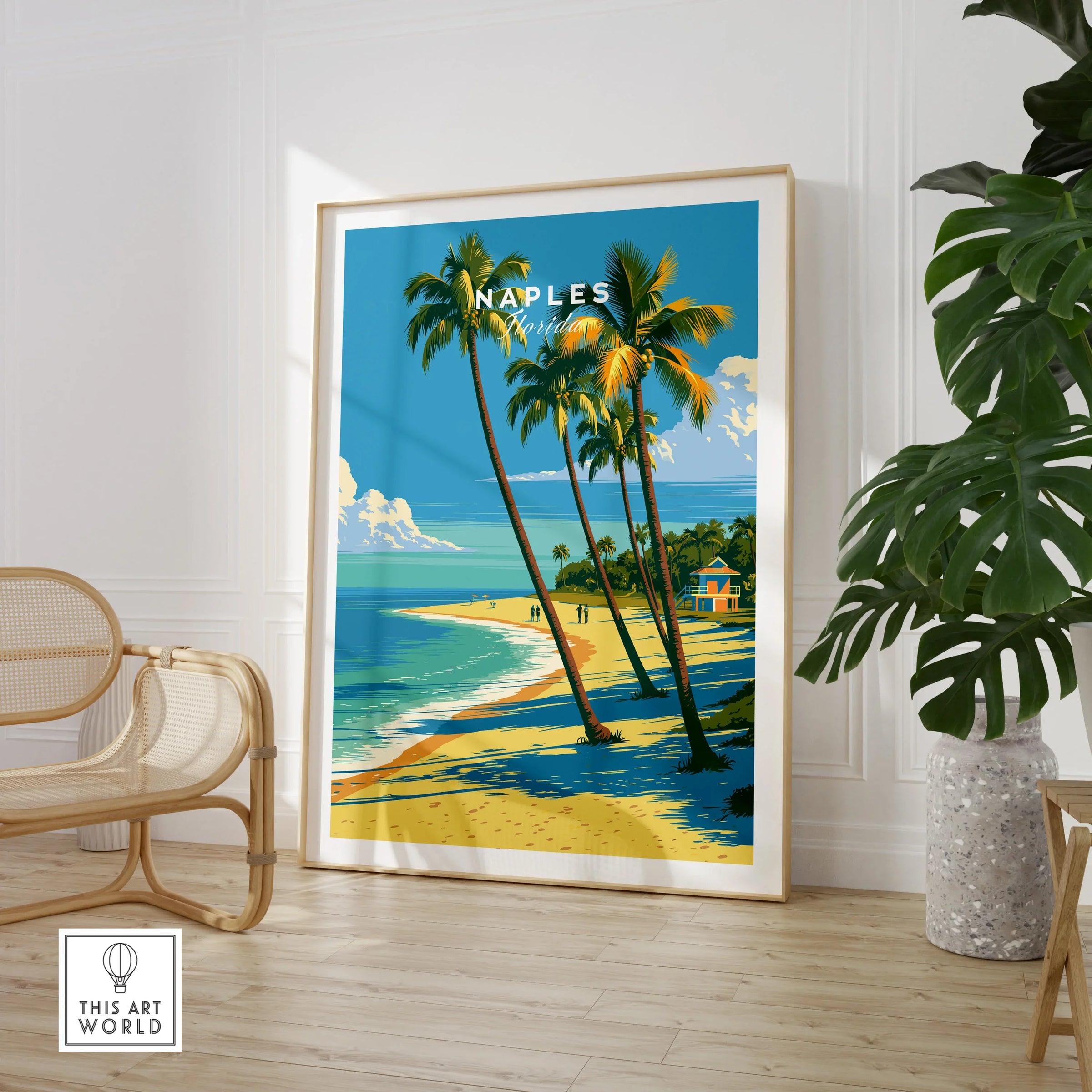 Naples Florida Palm Beach Travel Poster — large framed print room setting chair plant