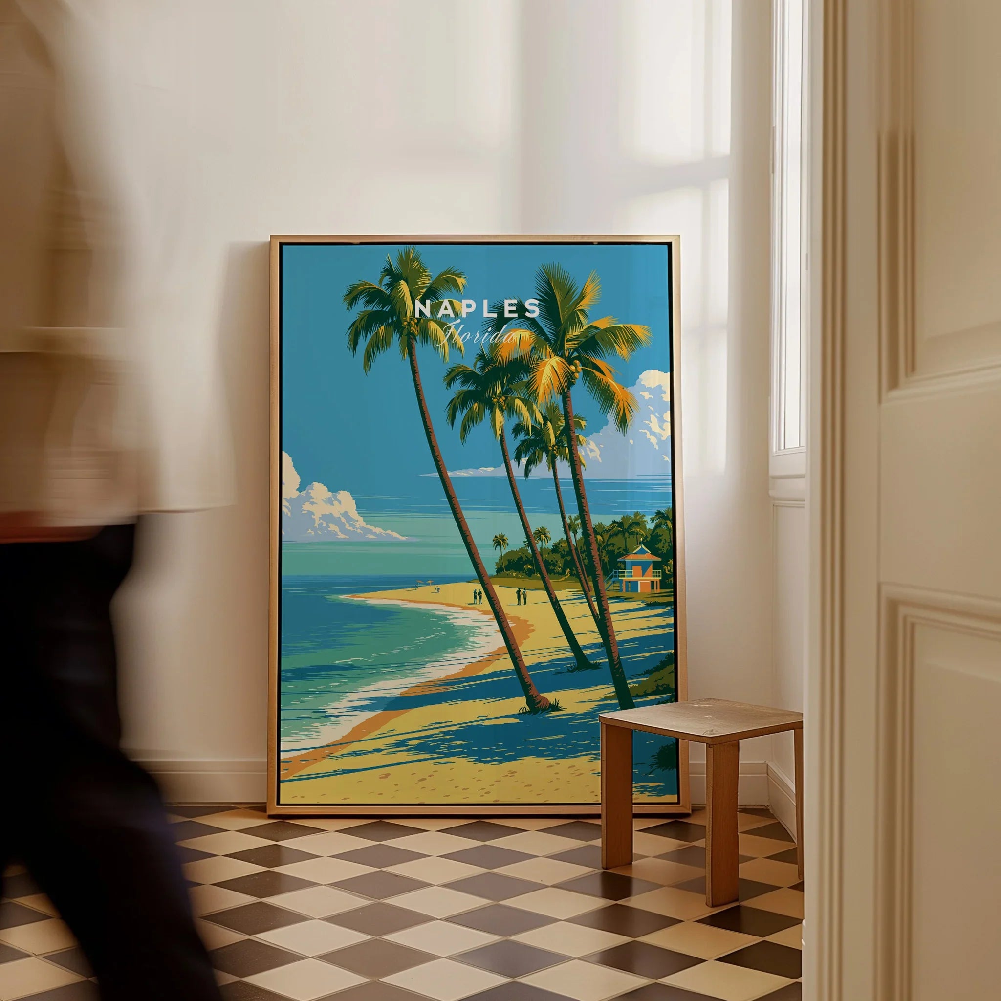 Naples Florida Palm Beach Travel Poster — framed canvas on floor man walking past