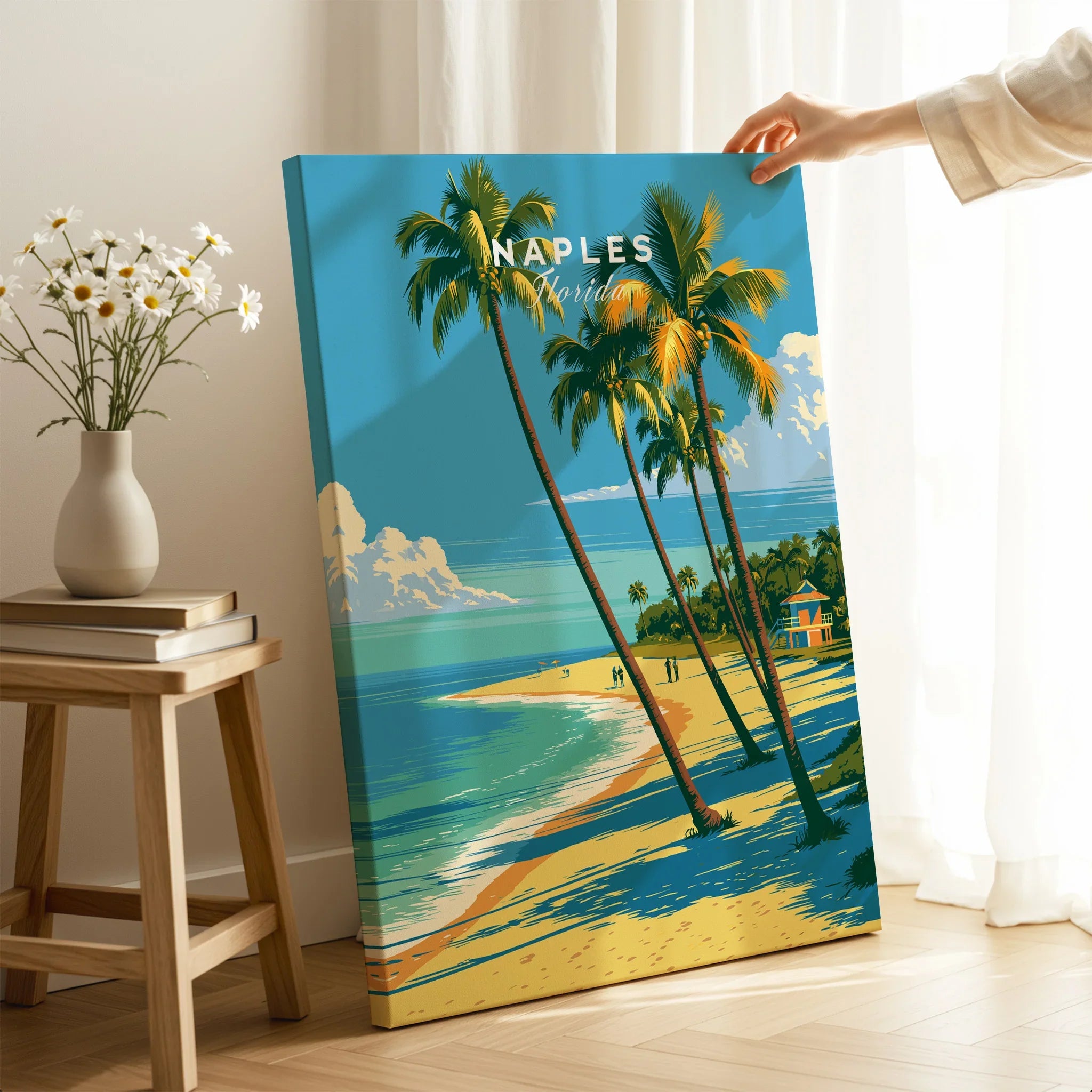 Naples Florida Palm Beach Travel Poster — canvas print mirror edge hand holding room setting