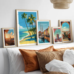 Naples Florida Palm Beach Travel Poster — set five framed artprints above bed natural wood frames
