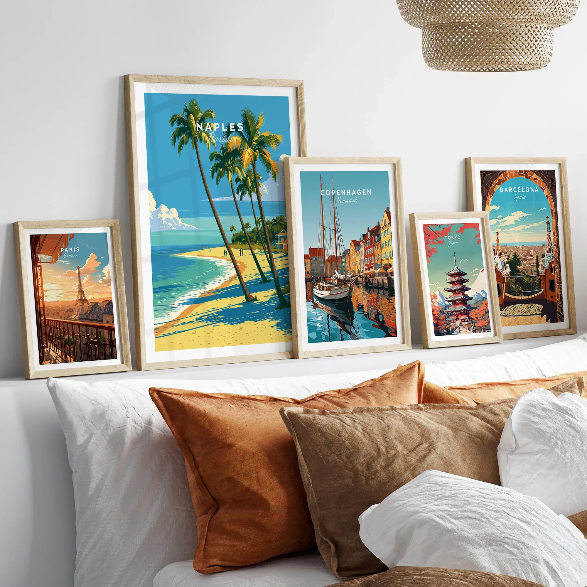 Naples Florida Palm Beach Travel Poster — set five framed artprints above bed natural wood frames
