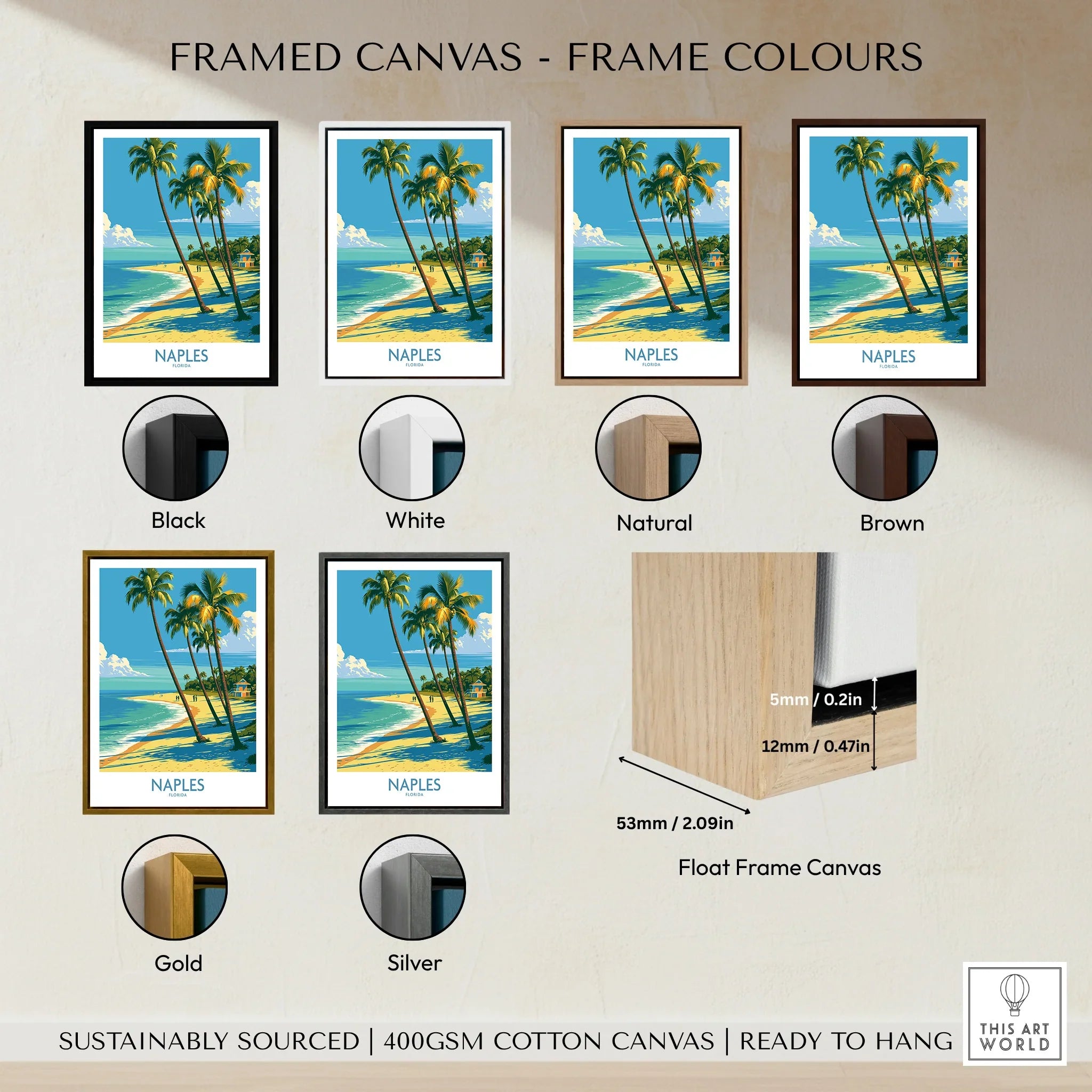 Naples Florida Cove Wall Art — framed canvas float frame colour options