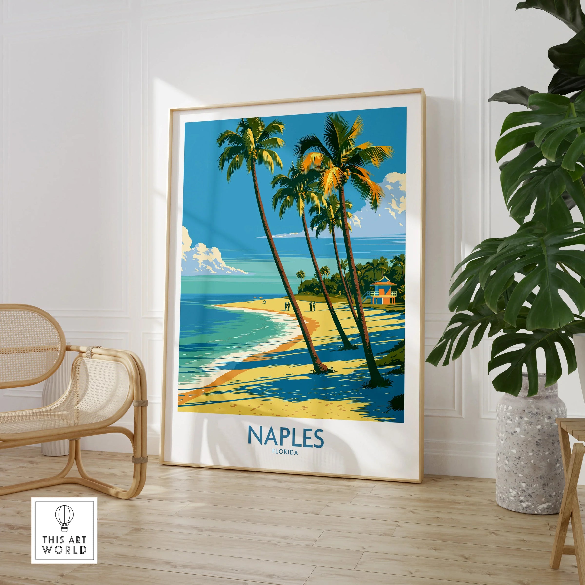 Naples Florida Cove Wall Art — large framed print room setting chair plant