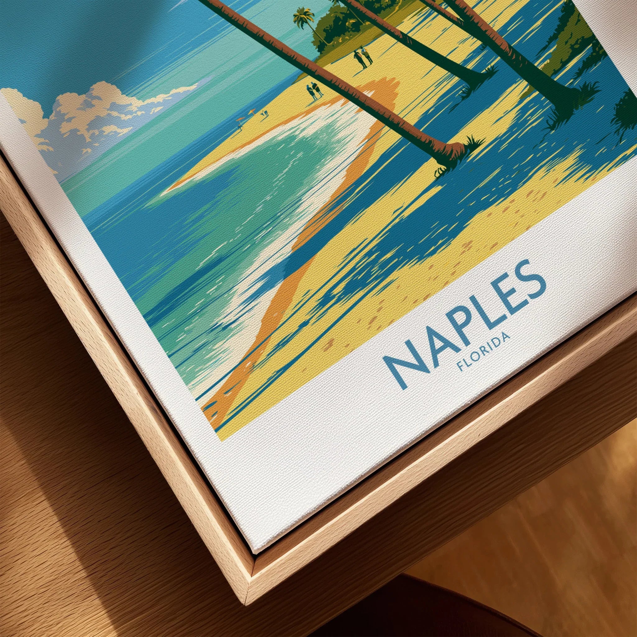 Naples Florida Cove Wall Art — closeup framed canvas natural wood floating frame