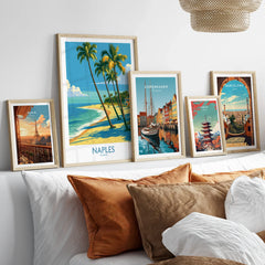 Naples Florida Cove Wall Art — set five framed artprints above bed natural wood frames