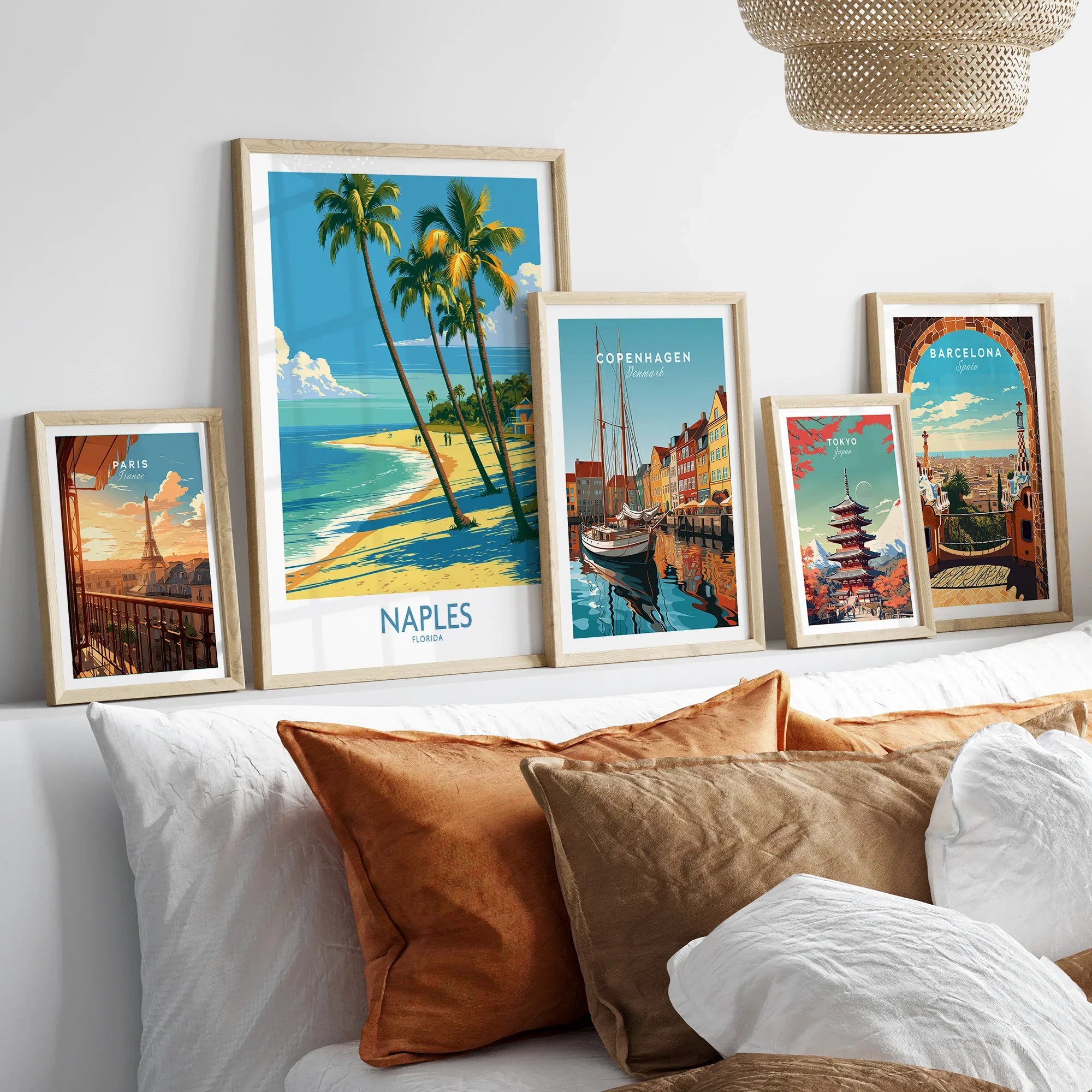 Naples Florida Cove Wall Art — set five framed artprints above bed natural wood frames