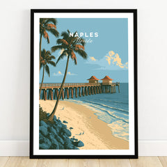 Naples Florida Pier Travel Poster — art print in black frame on wooden floor