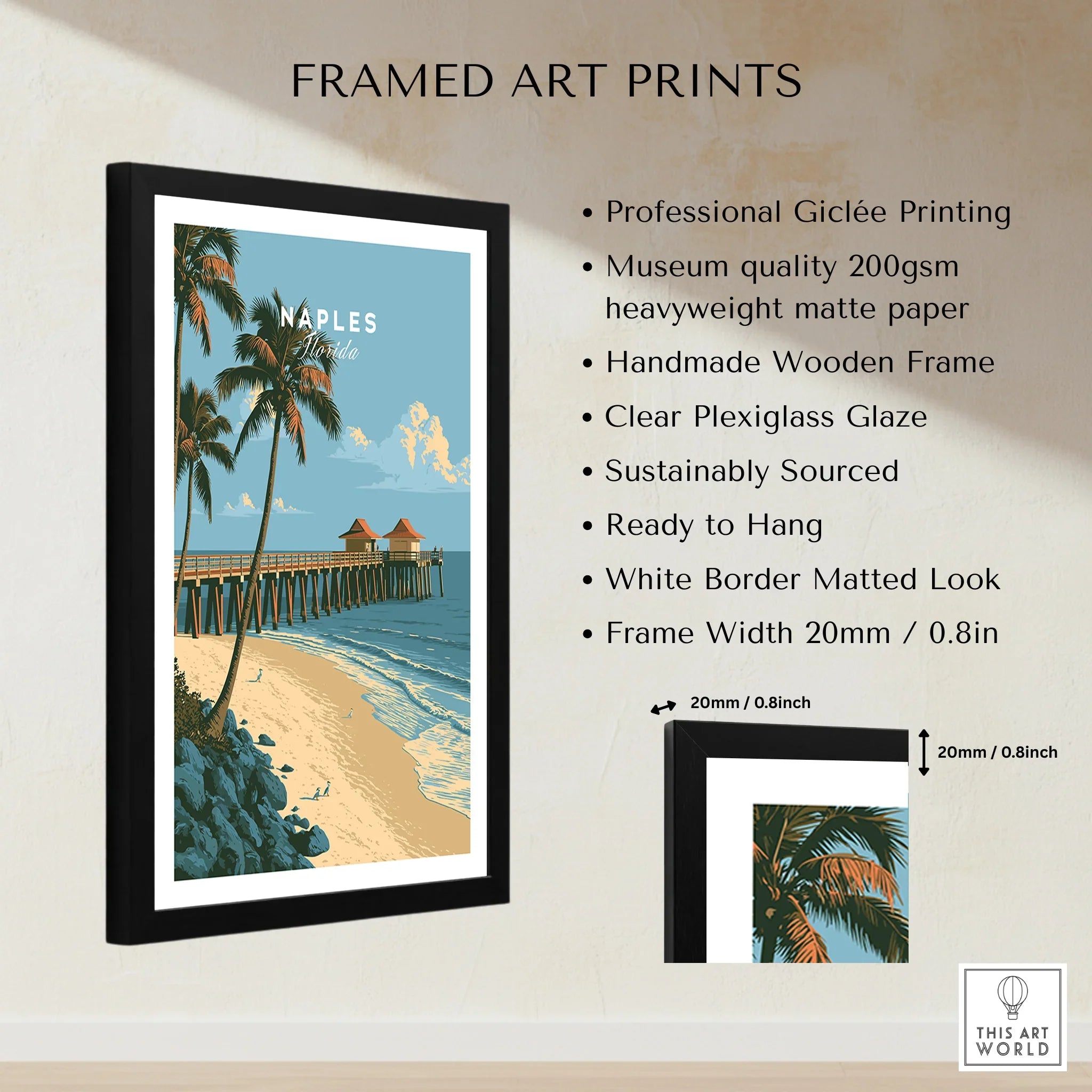 Naples Florida Pier Travel Poster — framed print details measurements quality details