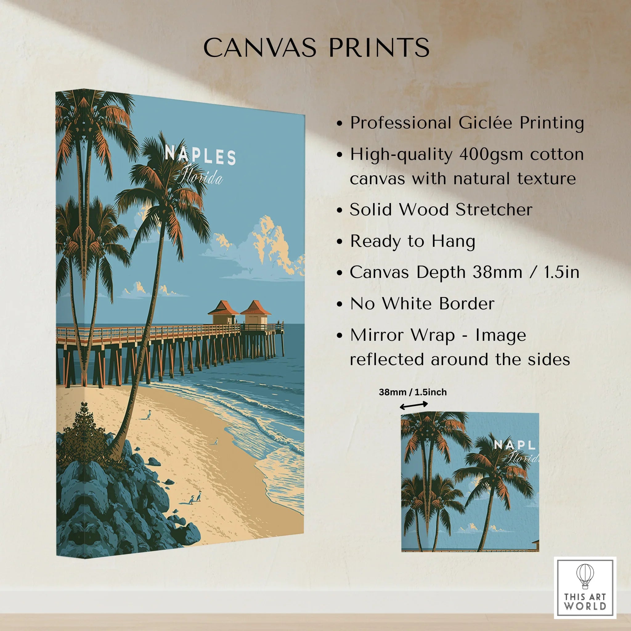Naples Florida Pier Travel Poster — canvas print stretched cotton canvas details