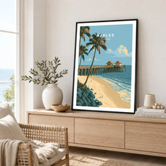 Naples Florida Pier Travel Poster — framed artwork living room lifestyle setting