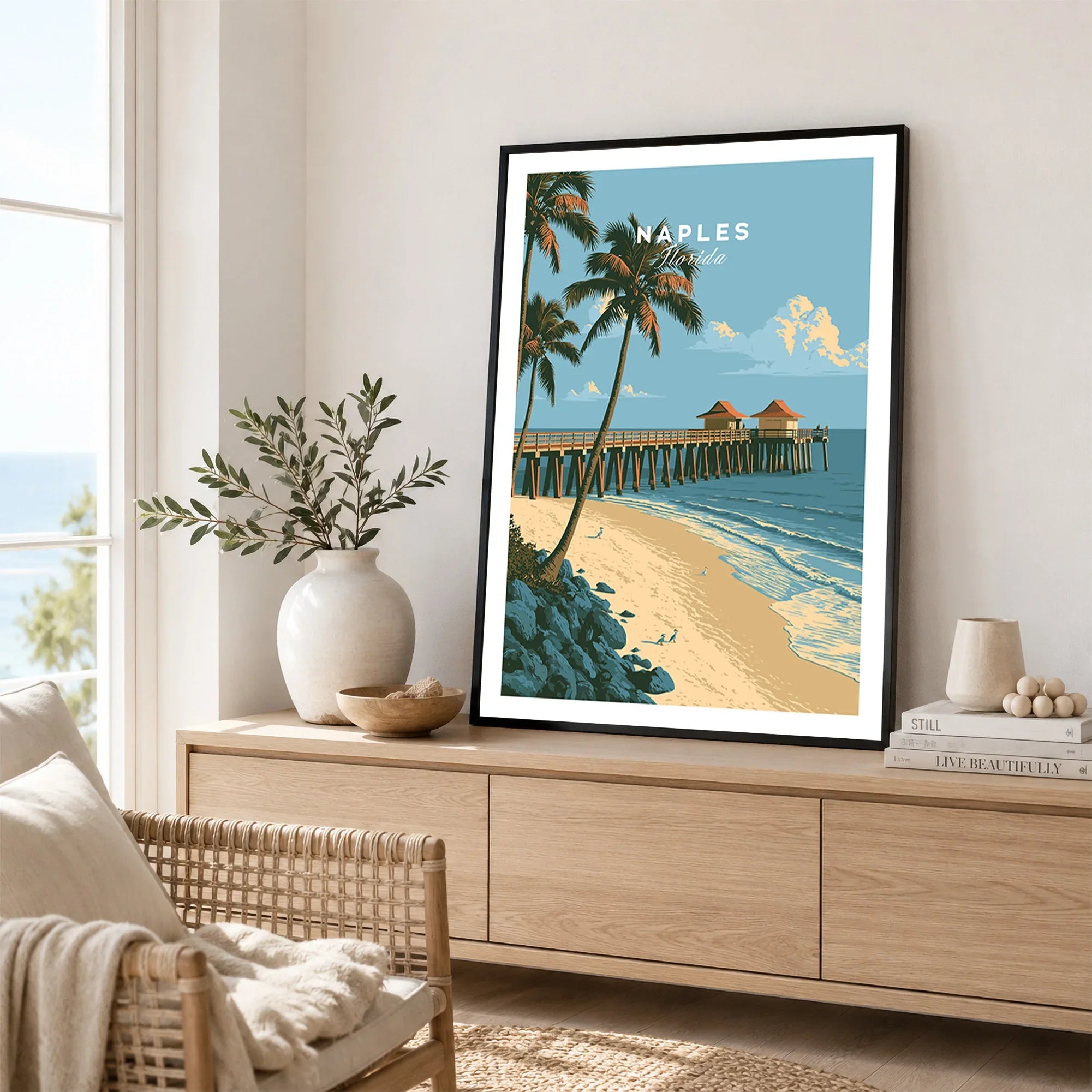 Naples Florida Pier Travel Poster — framed artwork living room lifestyle setting