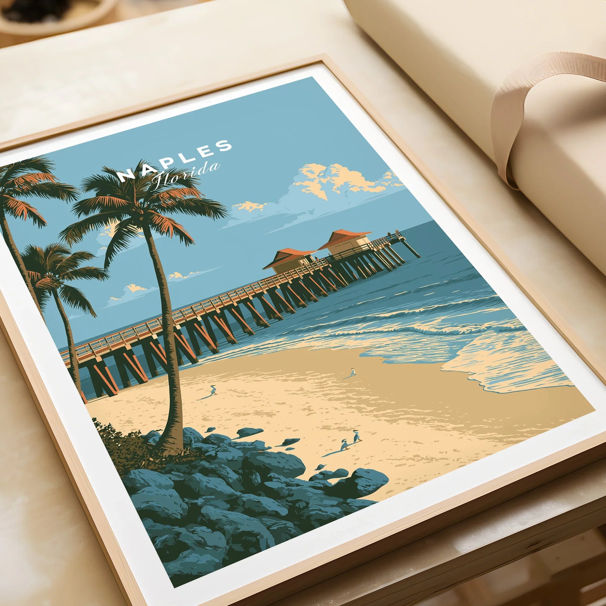 Naples Florida Pier Travel Poster — framed art print closeup gift unwrapped natural frame