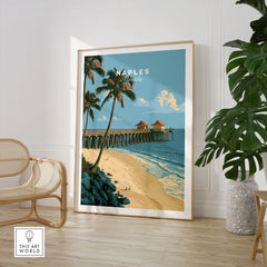 Naples Florida Pier Travel Poster — large framed print room setting chair plant