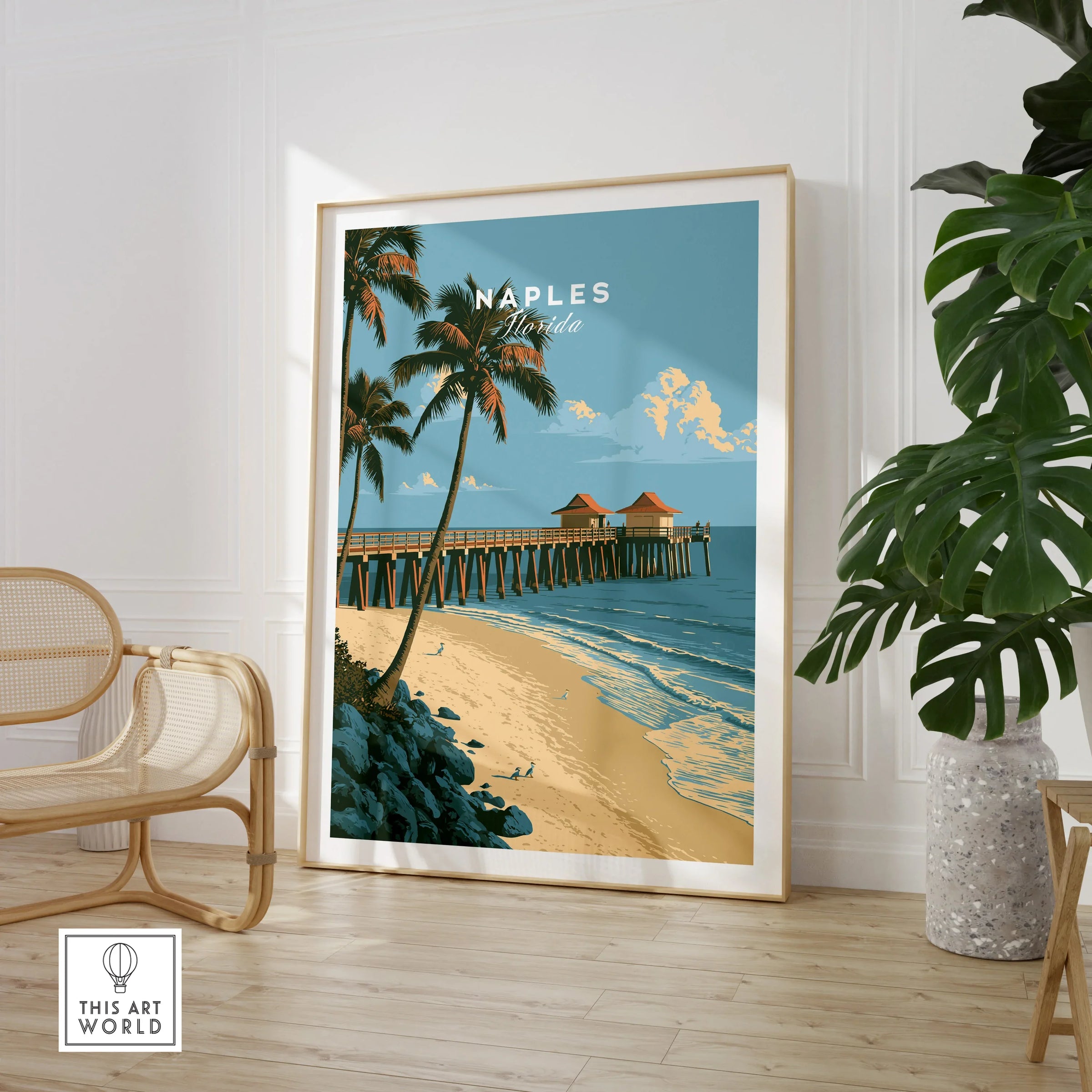 Naples Florida Pier Travel Poster — large framed print room setting chair plant