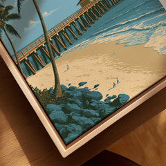Naples Florida Pier Travel Poster — closeup framed canvas natural wood floating frame