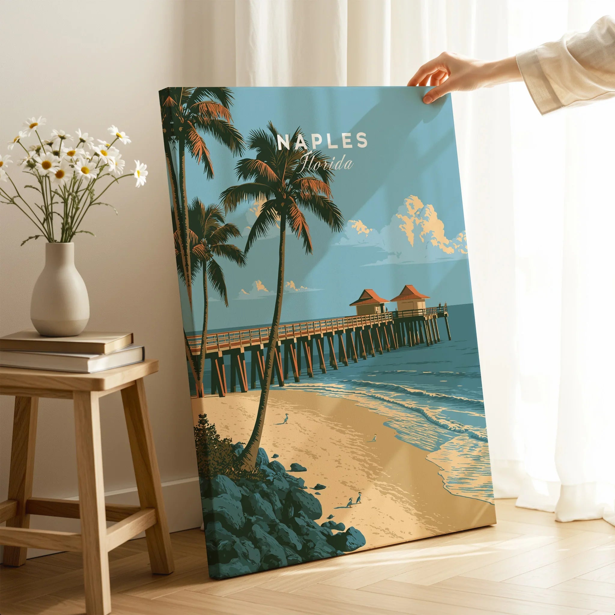 Naples Florida Pier Travel Poster — canvas print mirror edge hand holding room setting
