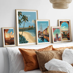 Naples Florida Pier Travel Poster — set five framed artprints above bed natural wood frames