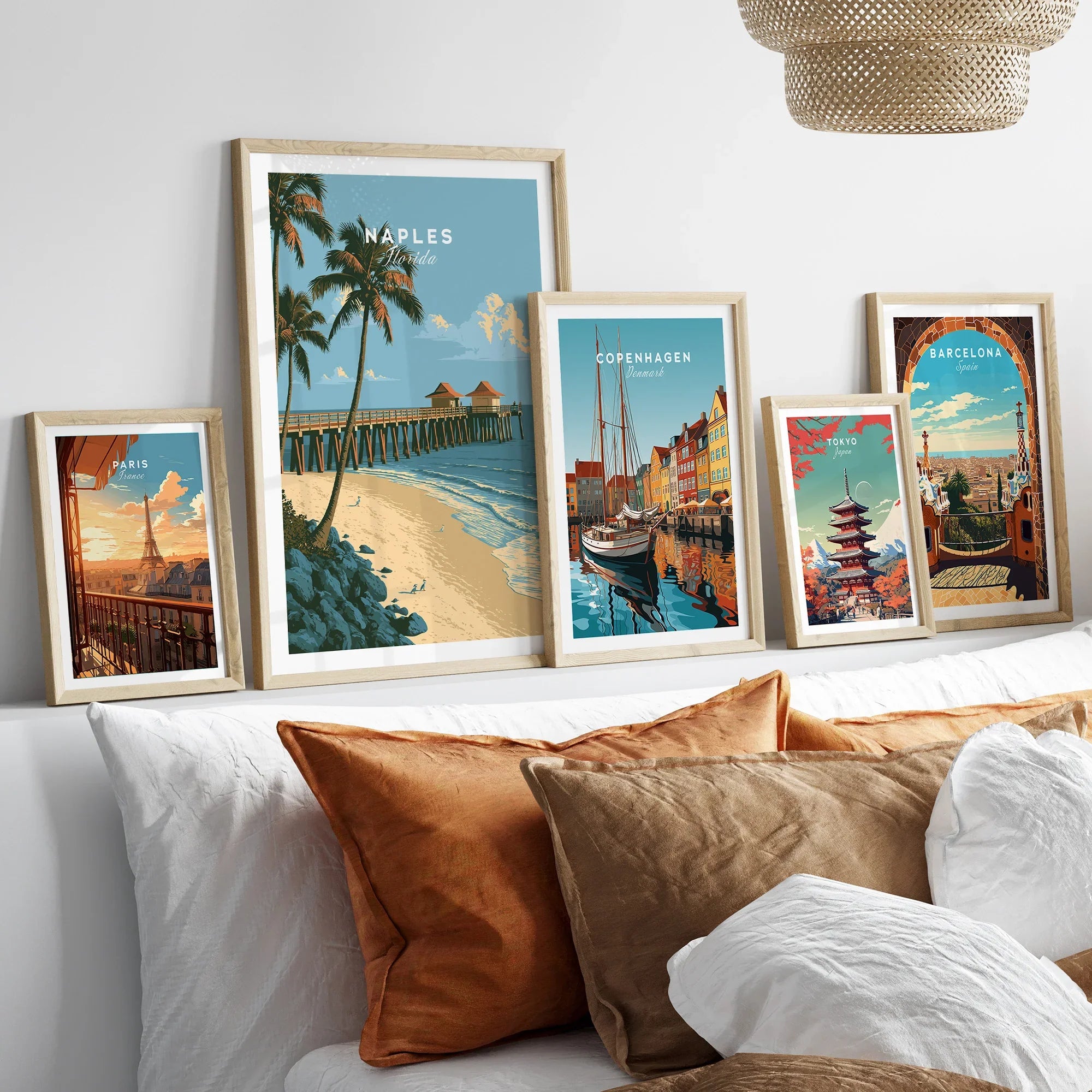 Naples Florida Pier Travel Poster — set five framed artprints above bed natural wood frames