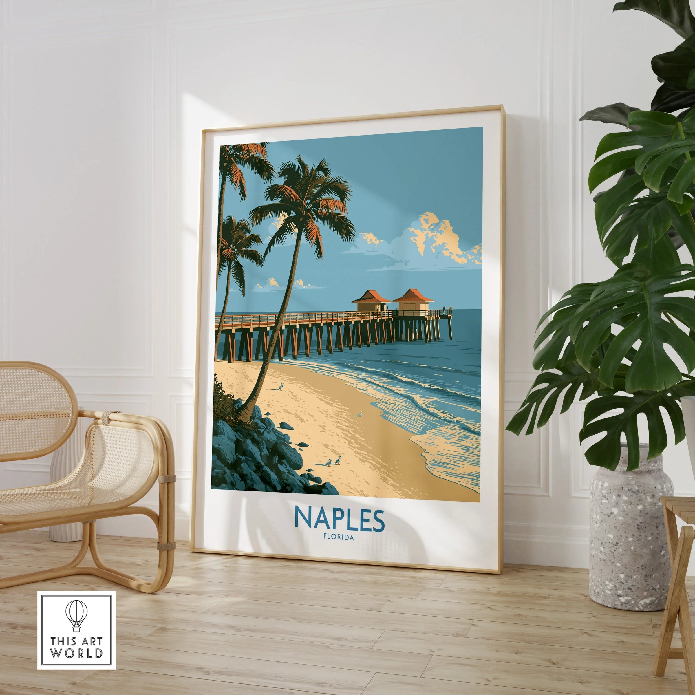 Naples Florida Coast Wall Art — large framed print room setting chair plant