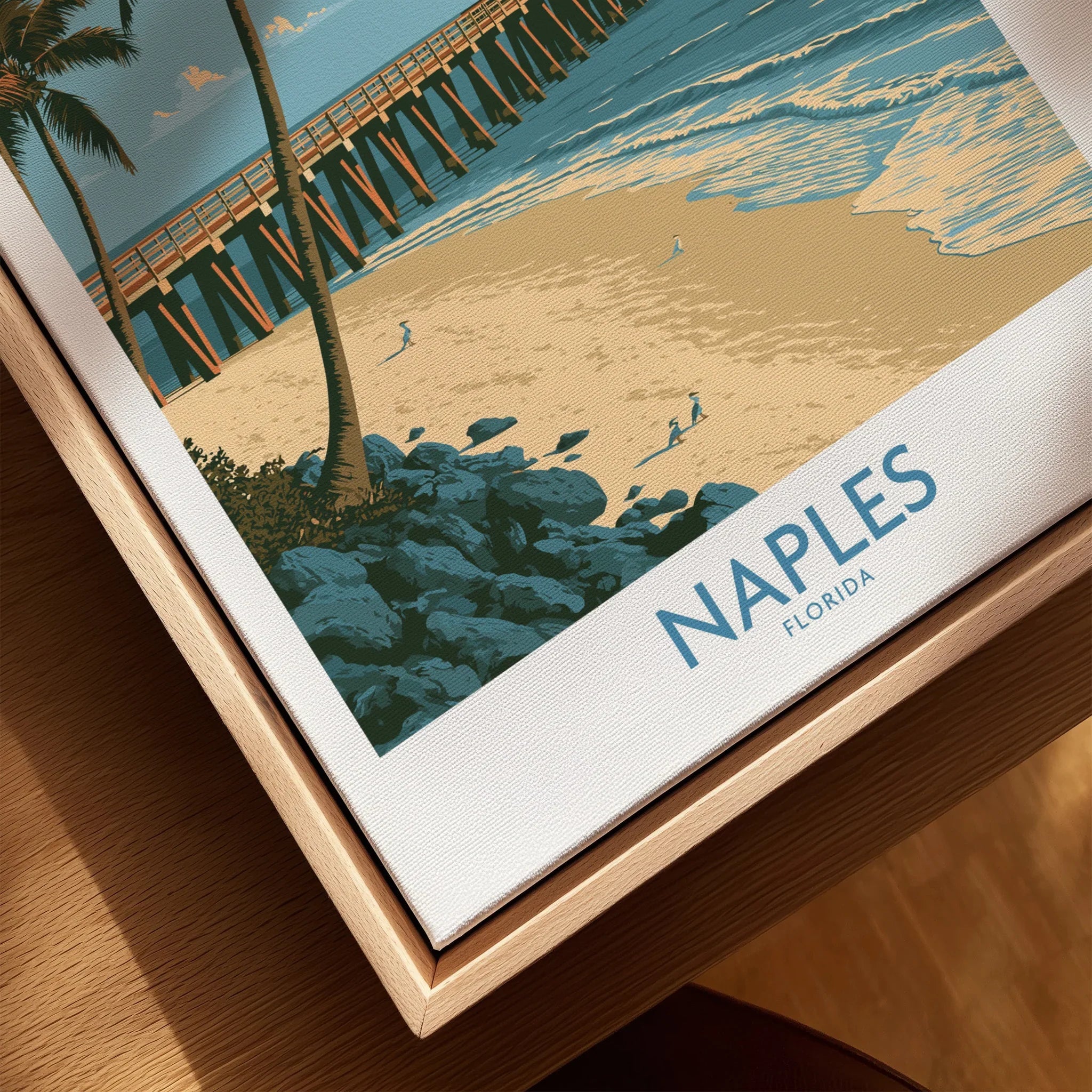 Naples Florida Coast Wall Art — closeup framed canvas natural wood floating frame