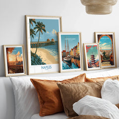 Naples Florida Coast Wall Art — set five framed artprints above bed natural wood frames