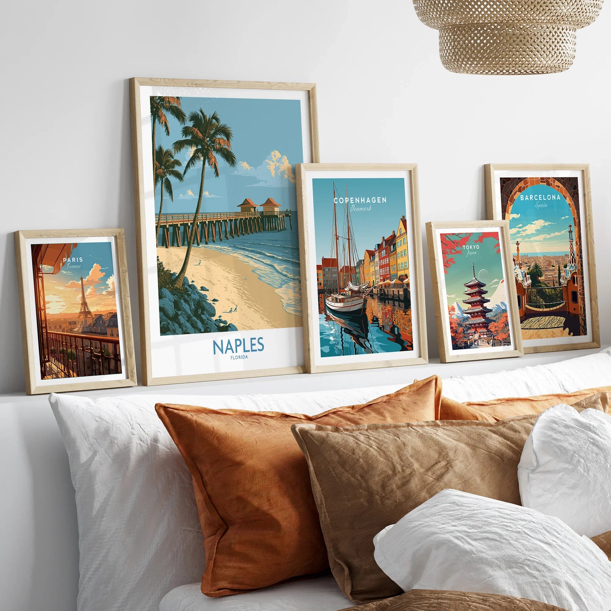 Naples Florida Coast Wall Art — set five framed artprints above bed natural wood frames