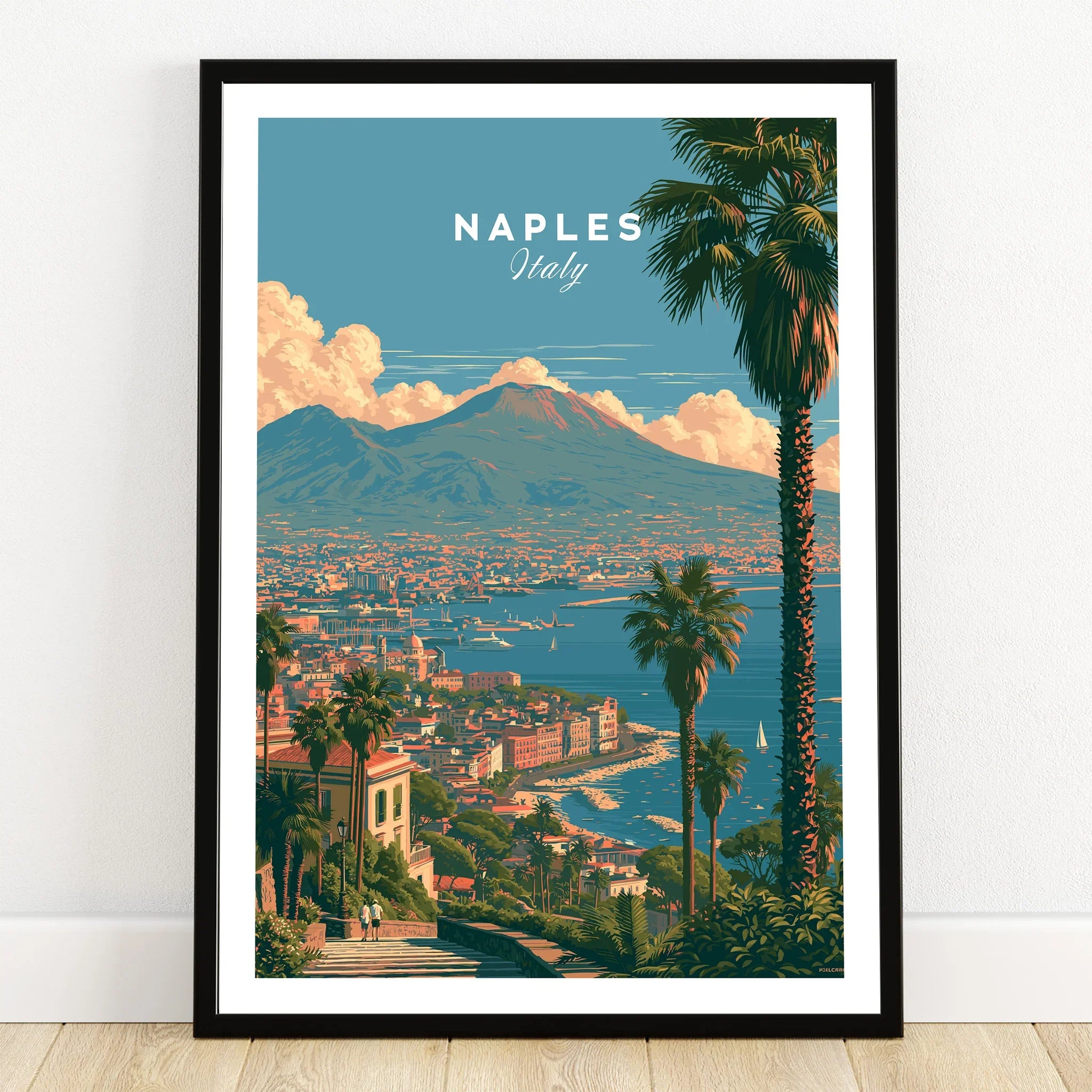 Naples Italy Bay of Naples Travel Poster — art print in black frame on wooden floor
