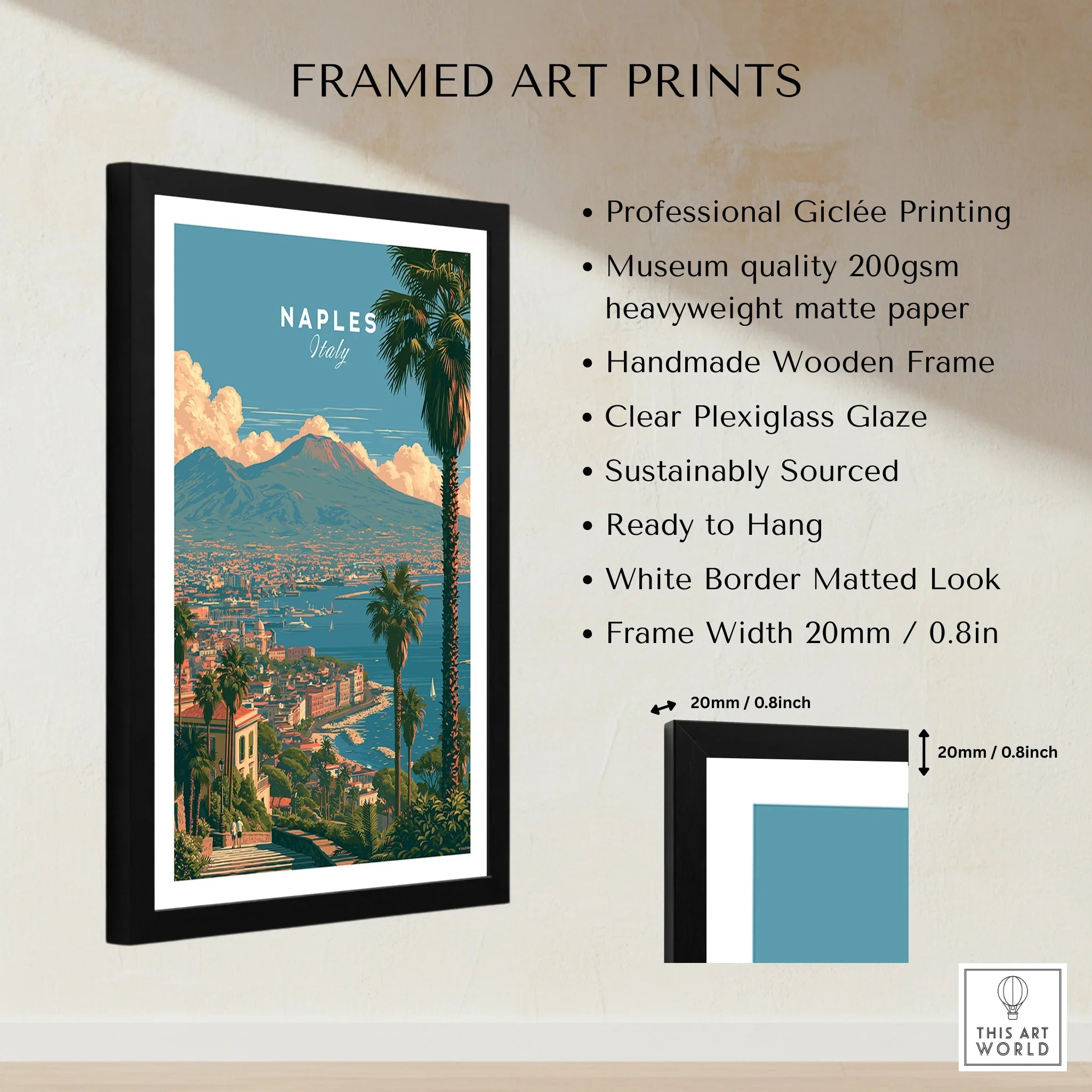 Naples Italy Bay of Naples Travel Poster — framed print details measurements quality details