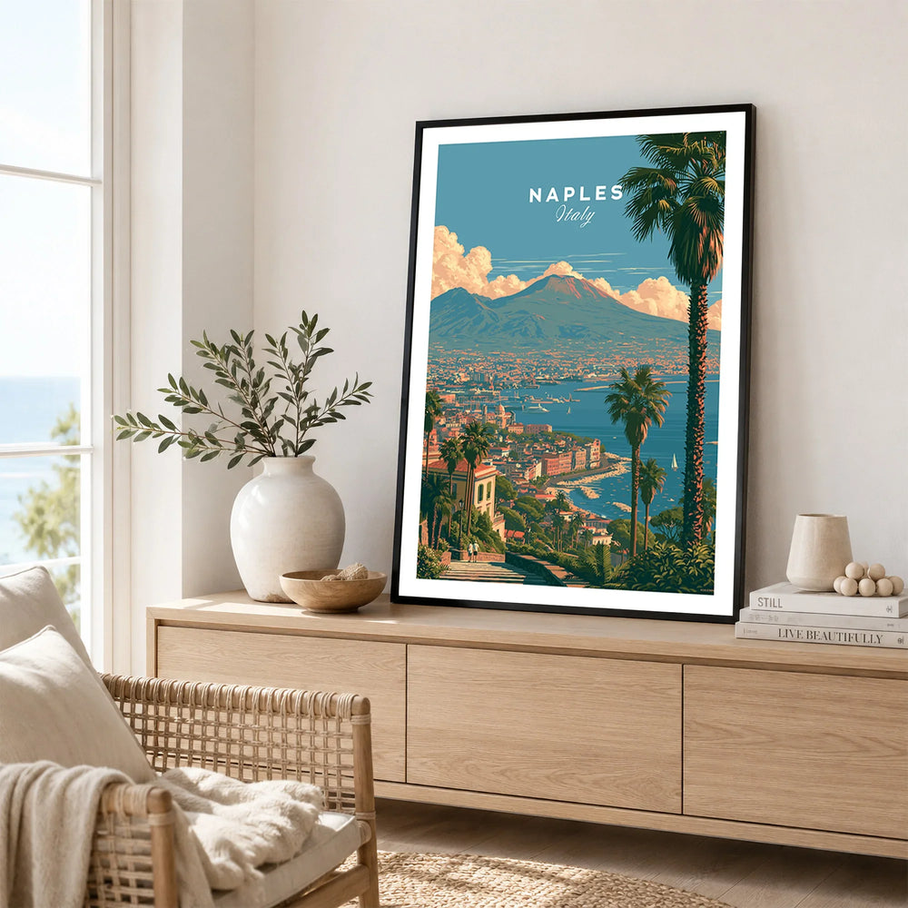 Naples Italy Bay of Naples Travel Poster — framed artwork living room lifestyle setting