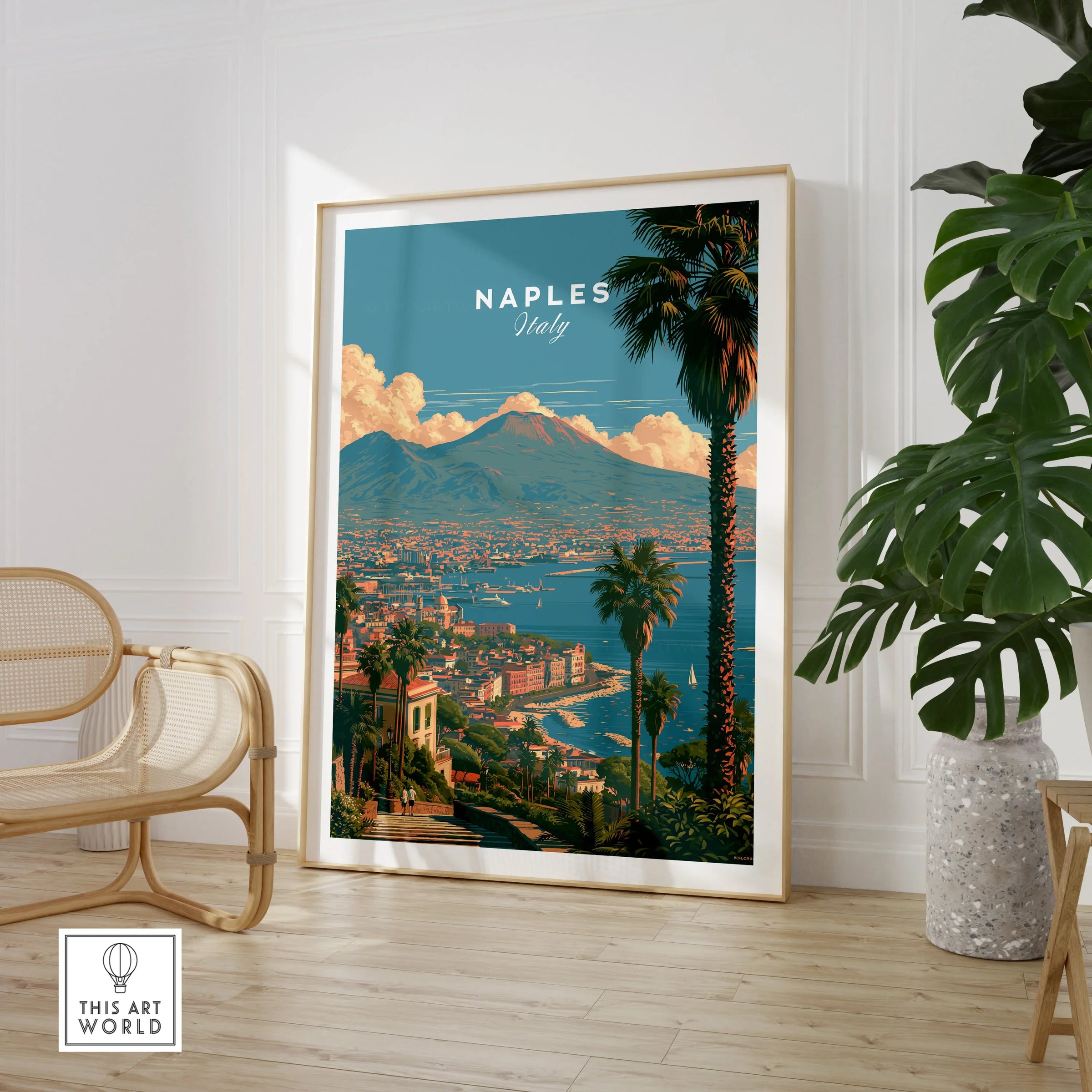 Naples Italy Bay of Naples Travel Poster — large framed print room setting chair plant