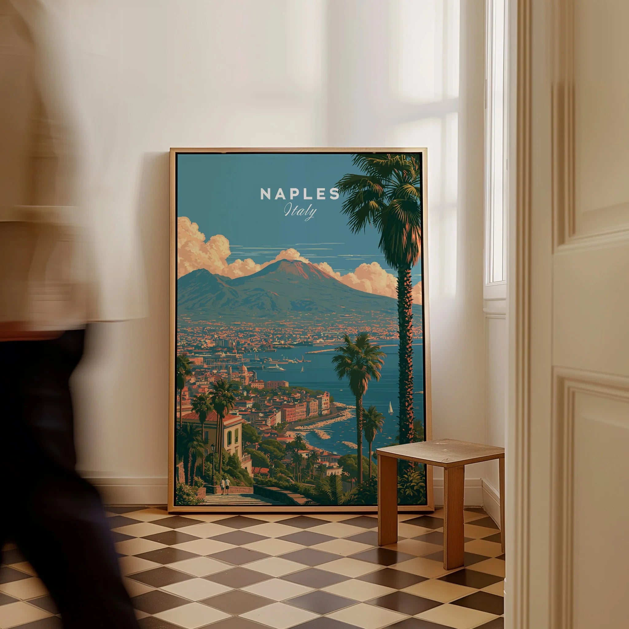 Naples Italy Bay of Naples Travel Poster — framed canvas on floor man walking past